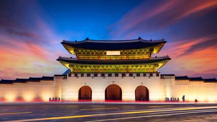 Gyeongbok palace in Seoul City, Gyeongbokgung palace landmark of Seoul, South Korea, Korean wooden traditional house in Gyeongbokgung the main royal palace of Joseon dynasty. - obrazy, fototapety, plakaty