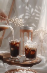 Iced coffee, creamy, flavorful blends of chilled coffee, a refreshing beverage option enjoyed cold hot weather , a delightful blend of coffee flavor and chill.
