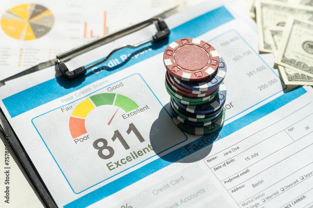 Wall mural credit report and debt payment history document on desk.