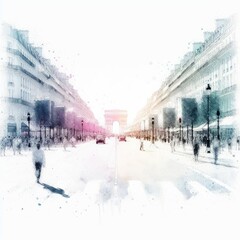 Paris Avenue des Champs Elysees street view in splash ink painting with Generative AI.