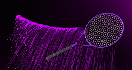 Image of tennis racket moving and purple trails on black background