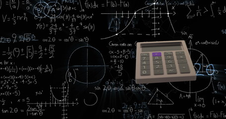 Image of calculator moving and mathematical equations on black background