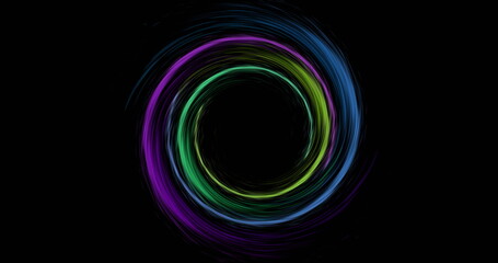 Image of colourful light trails forming circles on black background
