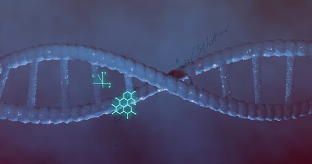 Image of mathematical equations over dna strand on blue background