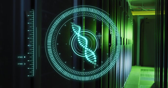 Image of scope scanning with dna strand and data processing over server room