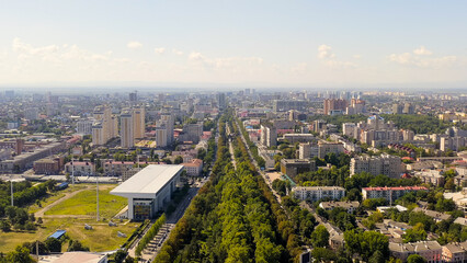 Krasnodar, Russia - August 29, 2020: Krasnaya street. Flight over the city center in summer, Aerial...