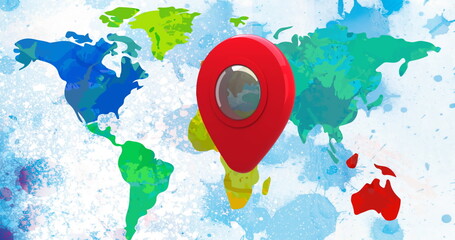 Image of red location pin bouncing over world map