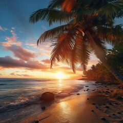 A palm tree stands on the beach under the sunset sky