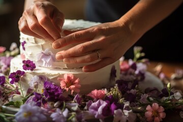 Obraz na płótnie Canvas A close-up of a baker's hands carefully placing edible flowers on a wedding cake.