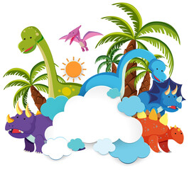 Cartoon dinosaurs with palm trees and clouds.