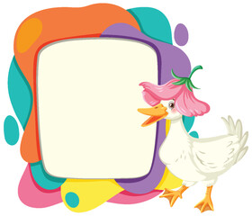 Cartoon duck beside a vibrant, abstract frame.
