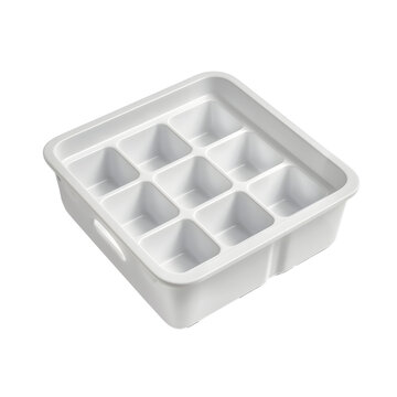 A high-definition image showcasing an empty white plastic ice cube tray with 10 slots, presented from a front view, against a stark white background.