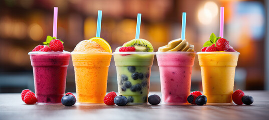 Fresh fruit smoothies on blurry background - obrazy, fototapety, plakaty