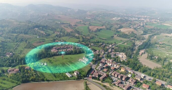 6g internet concept. Telecommunications tower distributes internet concept. Visualization of the transmission of an Internet connection through a telecommunications tower.
