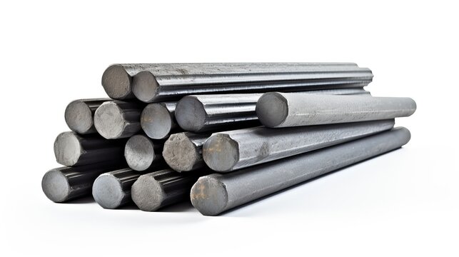 Still life image of Steel rods or bars used to reinforce concrete on a white background.


