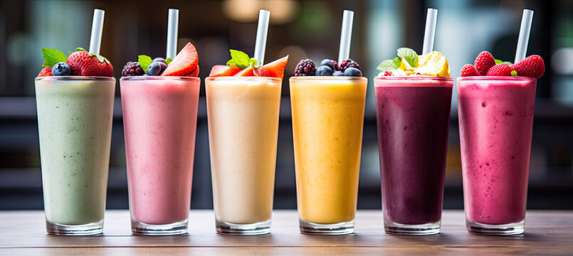Fresh fruit smoothies on blurry background