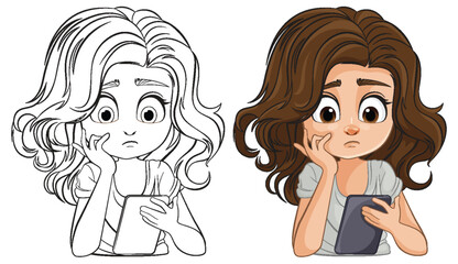 Cartoon of a thoughtful girl holding a book