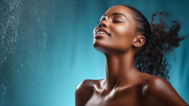 Beauty, skincare and water splash for black woman in studio for cleaning, shower and wellness with cosmetic and dermatology product for skin