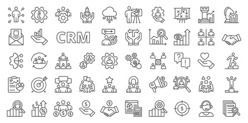 CRM icons in line design. CRM system, CRM software, business, statistics, deal, money, team, strategy, growth, manager, finance isolated on white background vector. CRM editable stroke icons. - obrazy, fototapety, plakaty