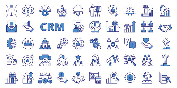 CRM icons in line design, blue. CRM system, CRM software, business, statistics, deal, money, team, strategy, growth, manager, finance isolated on white background vector. CRM editable stroke icons.