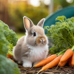 the innocence of baby bunnies in a carrot garden, with soft natural lighting