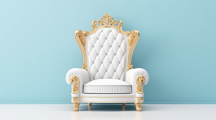 Golden and white luxury throne. isolated on pastel blue background