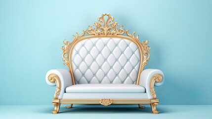 Golden and white luxury throne. isolated on pastel blue background