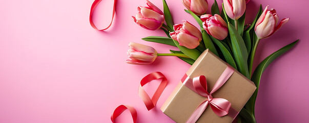 A romantic Mother's Day concept featuring a top-view photo of a gift box with a ribbon and a bouquet of tulips on a pink background