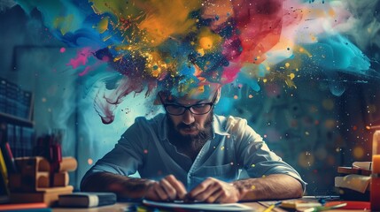 An artistic representation of a male figure in silhouette with a vibrant, multicolored splash emanating from his head, symbolizing the creative and therapeutic release of emotions through art. - obrazy, fototapety, plakaty