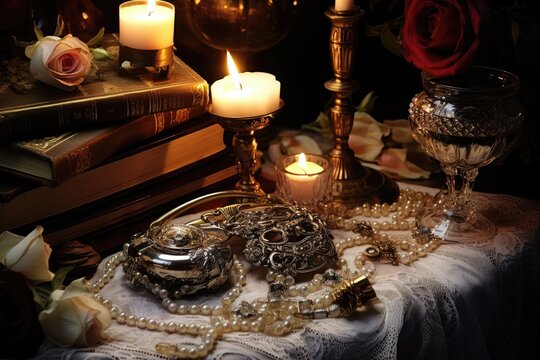 Candlelit Elegance: Jewelry arranged on a table surrounded by lit candles.