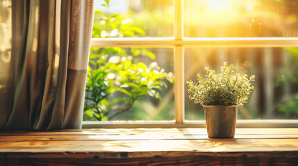 Vase of flowers on wooden table in front of window with sunlight