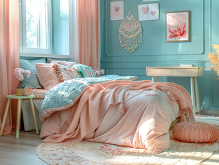 Bedroom in boho style. Sunny, bright, minimalist room in peach and turquoise colors. - 757885265