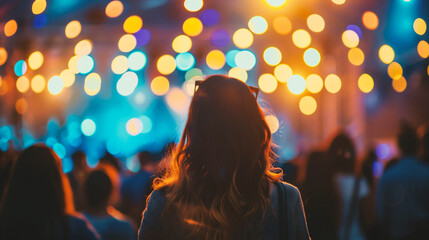 Back view of a young woman with long hair on the background of a concert