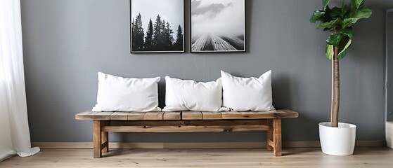 Wooden Bench with White Pillows and Modern Artwork Generative AI