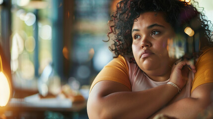 Reflective moment of a plus-size woman contemplating food choices representing the balance between good and bad.