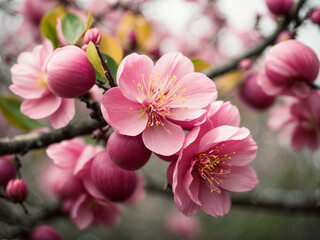 Fototapeta na wymiar Beautiful cherry blossom sakura in springtime pink peach flowers on white background Ai generated