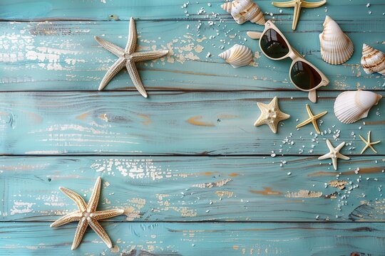 collection of various seashells, starfish and sunglasses on a light blue wooden background top view with copy space, summer flat lay frame design