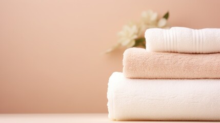 Fototapeta na wymiar Beige cotton towels on a beige background. Bathroom decor and accessories.