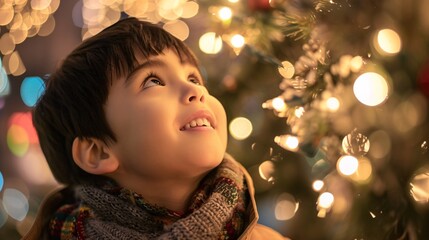 Holiday Cheer A Little Boy's Smiling Face in Front of a Christmas Tree Generative AI