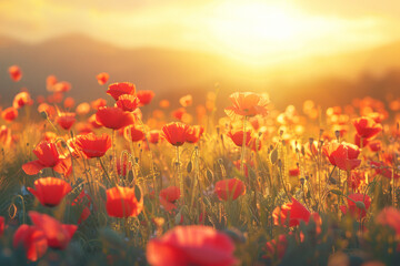 Sunset field of red poppies in warm light, creating a serene and vibrant landscape