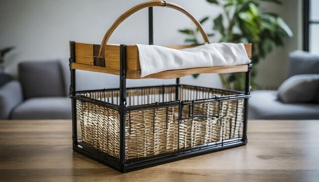 an elegant wooden collapsible basket with a sophisticated metal stand, showcasing fine craftsmanship and attention to detail, suitable for upscale retail displays or boutique hot
