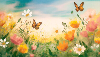 Obraz na płótnie Canvas 녹색 들판에 꽃이피어 있고, 나비와 파란하늘이 나오는 봄 벡터 배경