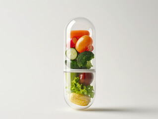 Concept photo of medicine capsule, inside the capsule is fresh vegetables