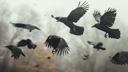 Obraz premium Flock of crows flying in a misty sky.