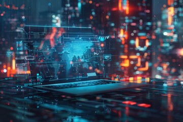 Advancement of digital technology with laptop and futuristic neon colors. Generate AI image