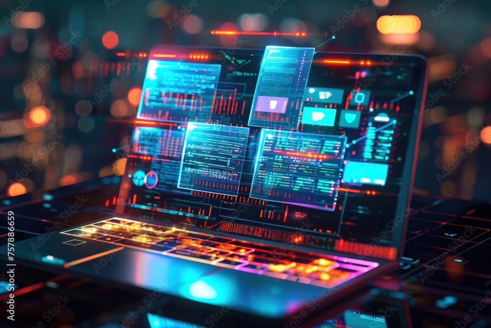 Poster laptop with high technology display on the screen. generate ai image