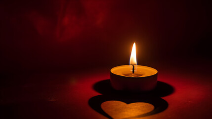 A solitary candle burning brightly in a dimly lit room, casting a warm glow on a heart-shaped shadow against a deep burgundy backdrop