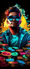 Stylish Man with Sunglasses and Neon Lights