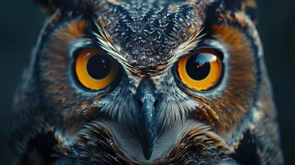 Photo sur Plexiglas Dessins animés de hibou Yellow eyes of horned owl close up on a dark A close-up shot of the face of an owl with yellow eyes on a dark background