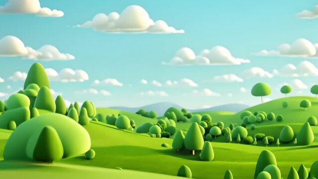 3D illustration of green landscape with mountain and clouds